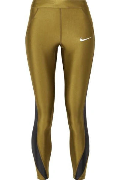 Shop Nike Speed Cropped Paneled Metallic Dri-fit Stretch Leggings In Army Green