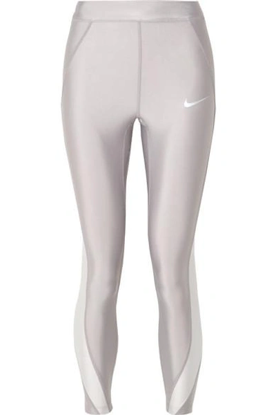 Shop Nike Speed Cropped Paneled Metallic Dri-fit Stretch Leggings In Silver