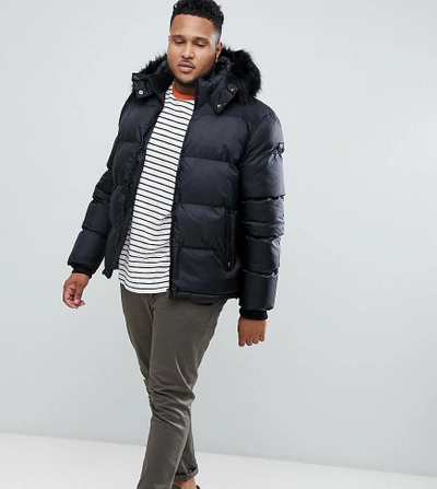 Schott Puffer Jacket With Detachable Hood Faux Fur Trim In Black