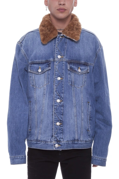 Shop Alexander Mcqueen Shearling Collar Denim Jacket In Blue