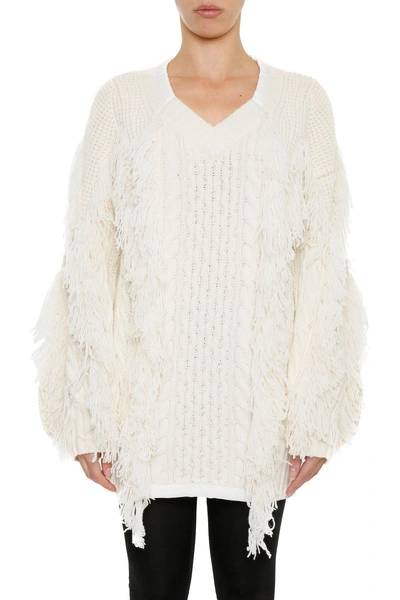 Shop Sacai Oversized Fringe Knit Sweater In White