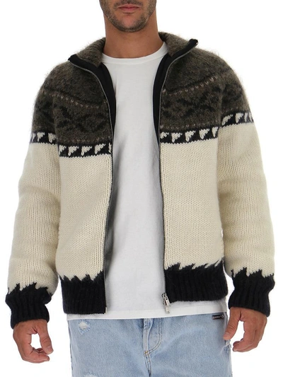 Shop Saint Laurent Funnel Neck Knitted Jacket In Multi