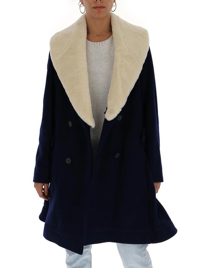 Shop Jw Anderson Double Breasted Shearling Collar Coat In Navy