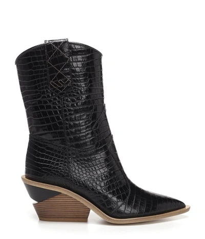 Shop Fendi High Ankle Embossed Leather Boots In Black