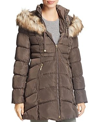 Shop Laundry By Shelli Segal Faux Fur Trim Short Puffer Coat In Taupe