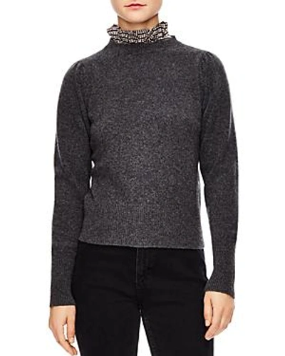 Shop Sandro Marbre Ruffled Collar Wool Sweater In Mocked Gray