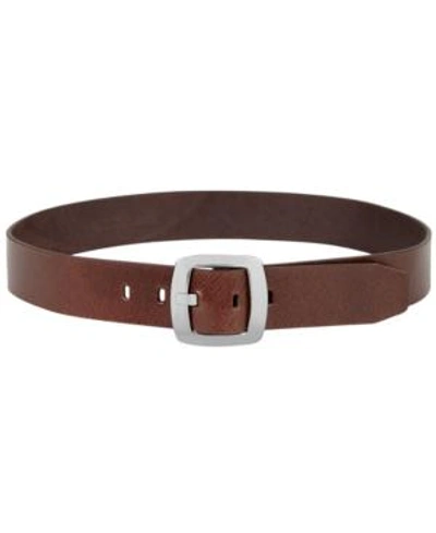 Shop Calvin Klein Leather Plus-size Pant Belt With Centerbar Buckle In Brown/silver
