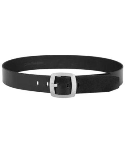 Shop Calvin Klein Leather Plus-size Pant Belt With Centerbar Buckle In Black/silver