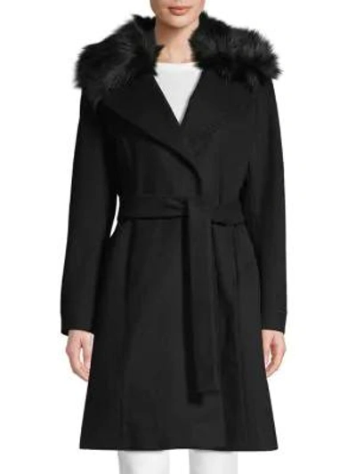Shop Tahari Fiona Faux Fur-trim Wrap Coat In Black