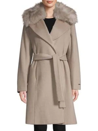 Shop Tahari Fiona Faux Fur-trim Wrap Coat In Black