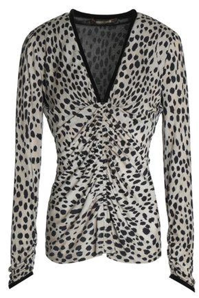 Shop Roberto Cavalli Woman Ruched Leopard-print Silk And Wool-blend Top Animal Print