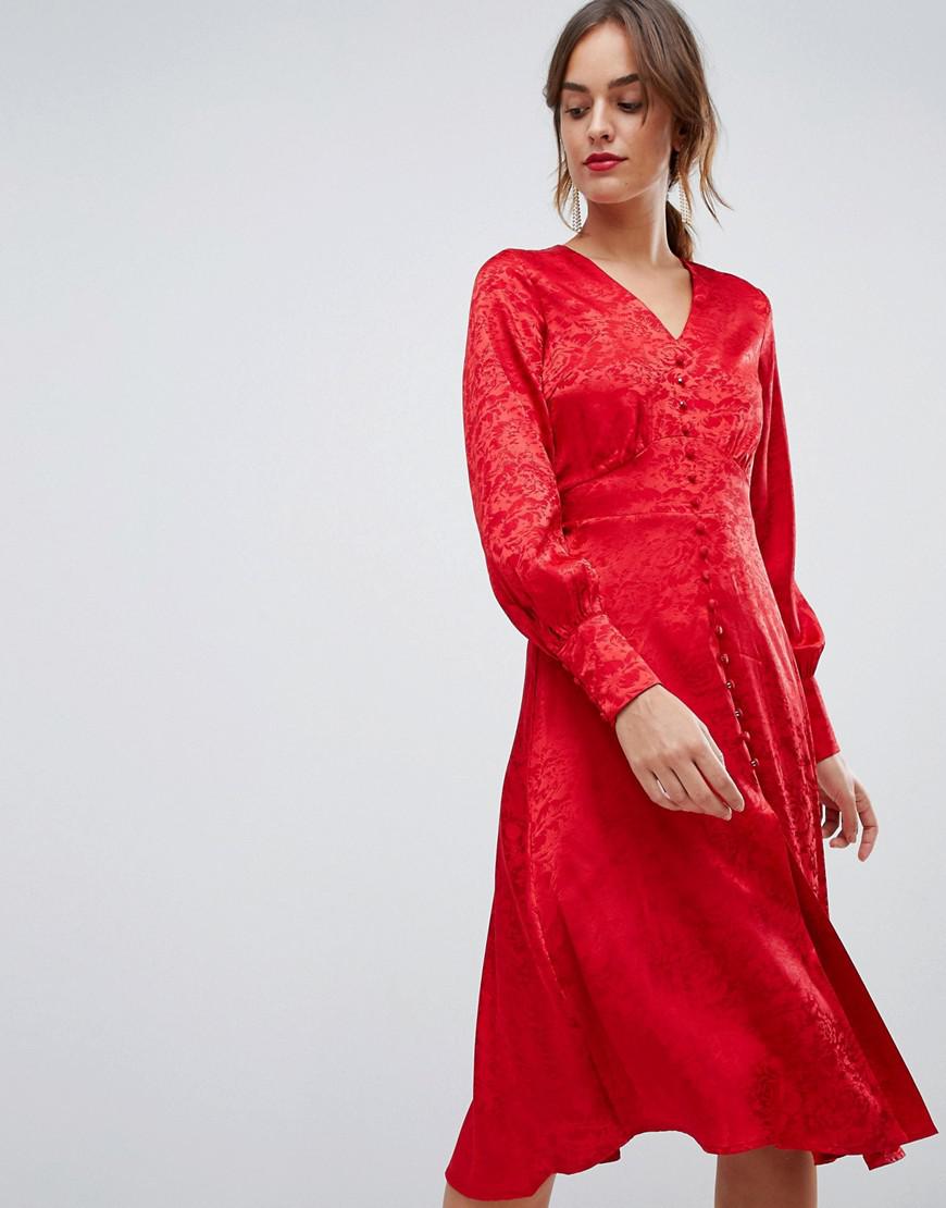 red button through midi dress