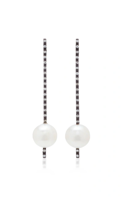 Shop Nancy Newberg Oxidized Silver Diamond And Pearl Earrings In White