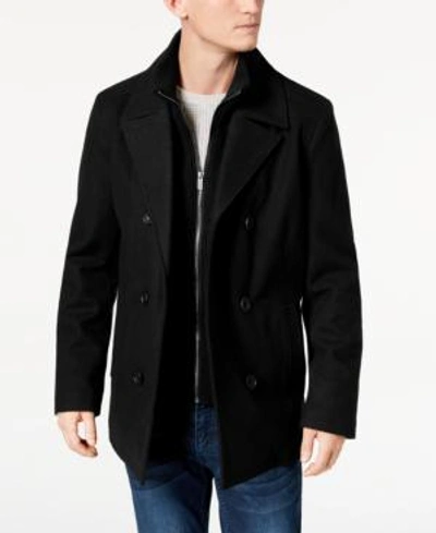 Shop Kenneth Cole Men's Big & Tall Double Breasted Wool Peacoat With Bib In Black