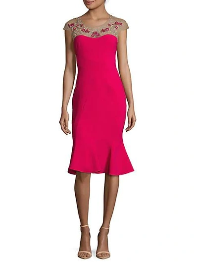 Shop Marchesa Notte Floral Embroidered Flounce Dress In Magenta