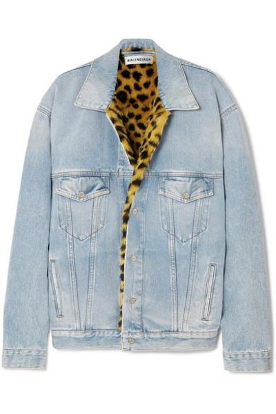 Shop Balenciaga Oversized Leopard-print Faux-fur Trimmed Denim Jacket In Blue