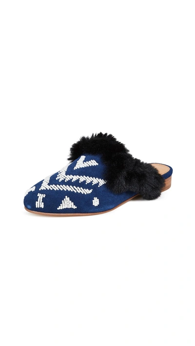 Shop Soludos Sedona Faux Fur Beaded Mules In Navy