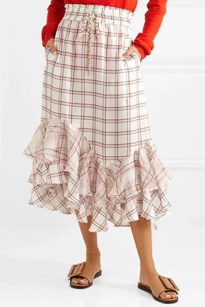 Shop Lee Mathews Holly Ruffled Checked Silk Midi Skirt In White