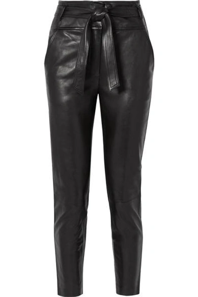 Shop Veronica Beard Faxon Belted Leather Slim-leg Pants In Black