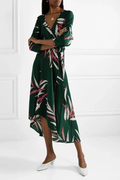 Shop Diane Von Furstenberg Eloise Wrap-effect Printed Silk Crepe De Chine Midi Dress In Dark Green