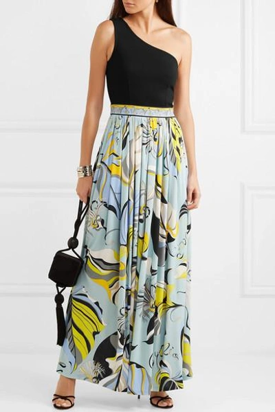 Shop Emilio Pucci One-shoulder Stretch-knit And Printed Crepe Maxi Dress In Blue