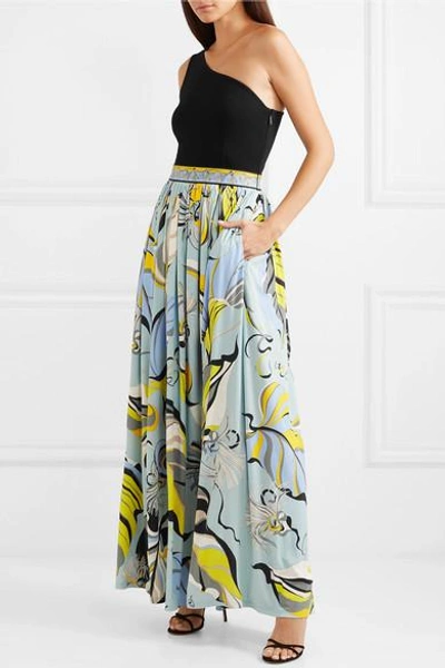 Shop Emilio Pucci One-shoulder Stretch-knit And Printed Crepe Maxi Dress In Blue