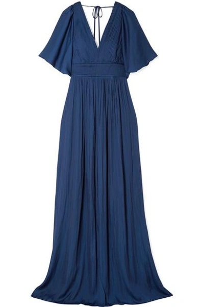 Shop Halston Heritage Cape-effect Pleated Crepe De Chine Gown In Navy