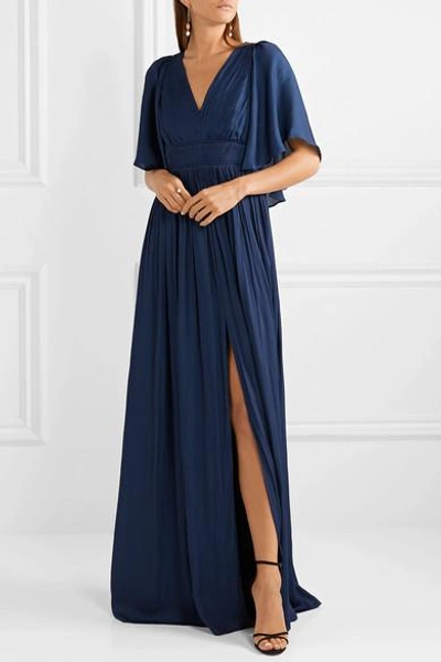 Shop Halston Heritage Cape-effect Pleated Crepe De Chine Gown In Navy