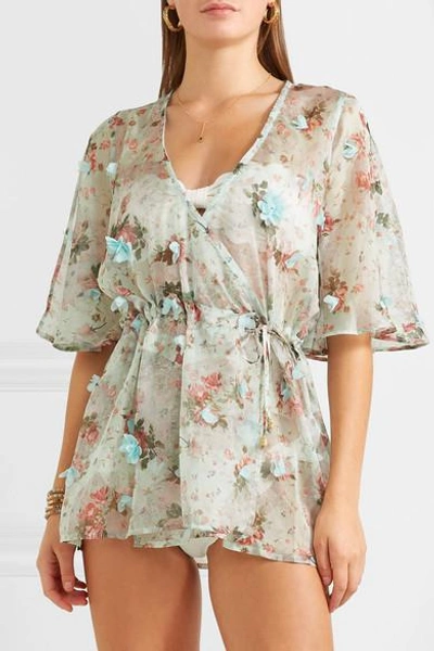 Shop Elena Makri Aphrodite Appliquéd Floral-print Chiffon Wrap Top In Sky Blue