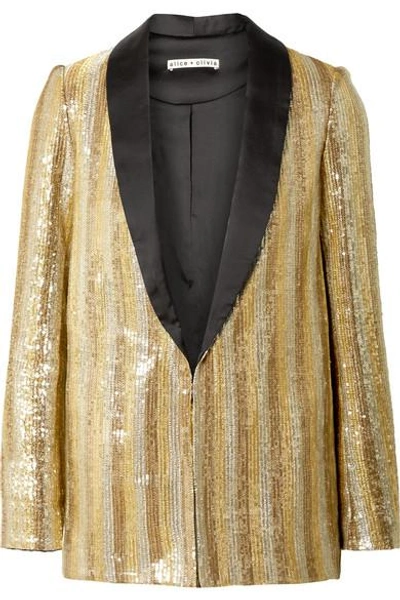 Shop Alice And Olivia Jace Oversized Satin-trimmed Sequined Cotton Blazer In Gold
