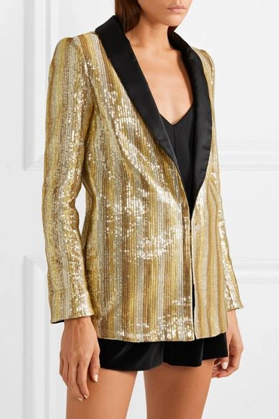 Shop Alice And Olivia Jace Oversized Satin-trimmed Sequined Cotton Blazer In Gold