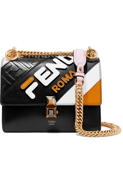 Shop Fendi Kan I Mini Appliquéd Leather Shoulder Bag In Black