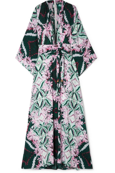 Shop Melissa Odabash Erin Floral-print Crepe De Chine Kaftan In Forest Green