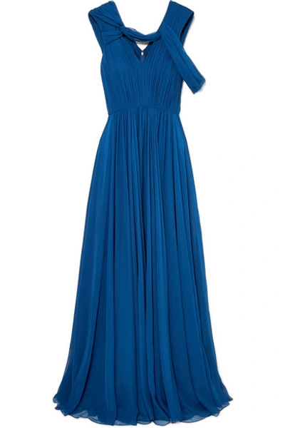 Shop Jason Wu Cold-shoulder Pleated Silk-chiffon Gown In Navy
