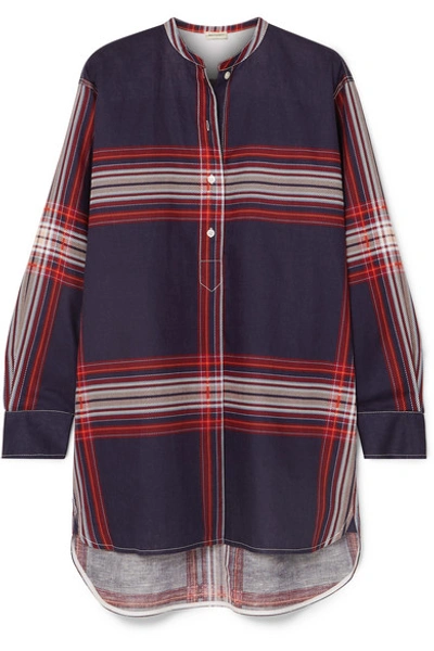 Shop By Malene Birger Tilli Checked Linen And Cotton-blend Twill Top In Navy