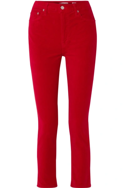 Shop Re/done Cropped High-rise Stretch-velvet Skinny Pants In Red