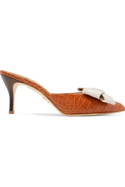 Shop Brother Vellies Stell Bow-embellished Croc-effect Leather Mules In Tan