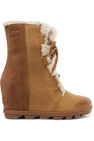 Shop Sorel Joan Of Arctic Wedge Ii Shearling-trimmed Waterproof Leather And Suede Ankle Boots In Light Brown