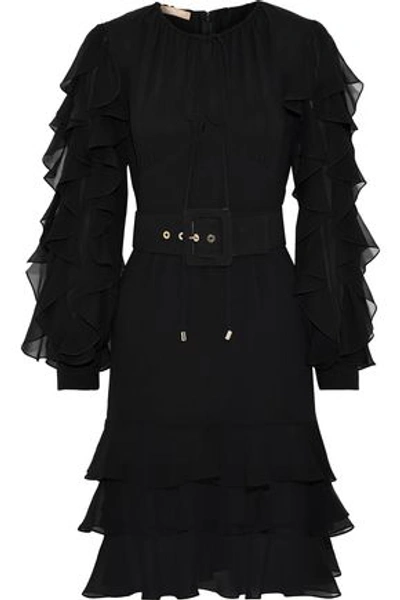 Shop Michael Kors Collection Woman Tiered Ruffle-trimmed Silk-georgette Dress Black