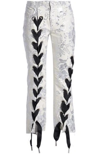 Shop Marques' Almeida Woman Lace-up Cropped Brocade Bootcut Pants Cream