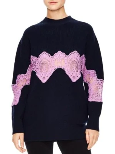 Shop Sandro Mystere Oversized Lace Trim Sweater In Deep Navy