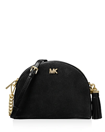 Shop Michael Michael Kors Medium Half Moon Suede & Leather Crossbody In Black/gold