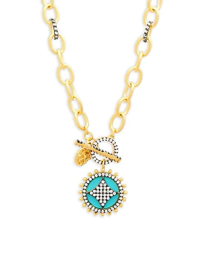 Shop Freida Rothman Turquoise, Crystal And Sterling Silver Wheel Cafe Pendant Necklace In Gold