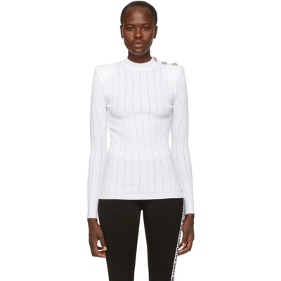 Shop Balmain White Rib Knit Sweater In C0001 Blanc