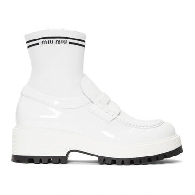 Shop Miu Miu White Patent Sock Loafers In F0009 White