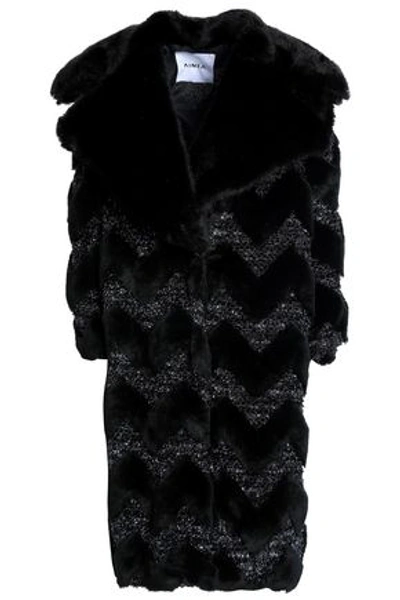 Shop Ainea Woman Metallic Bouclé-trimmed Faux Fur Coat Black