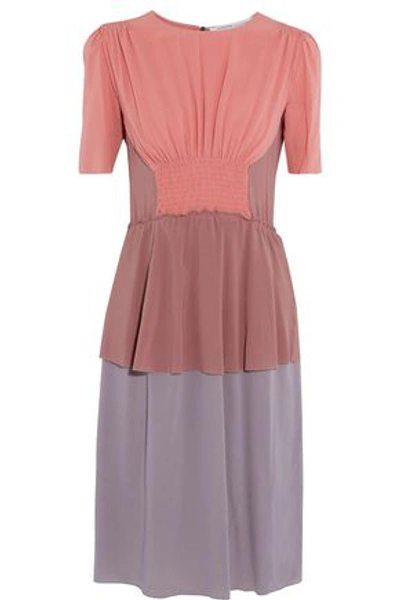 Shop Agnona Woman Smocked Color-block Silk-blend Dress Coral