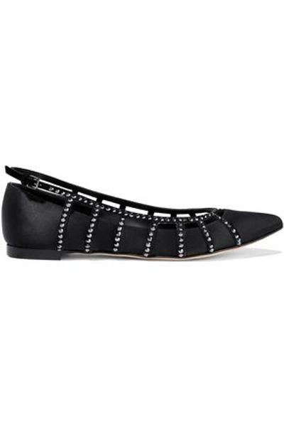 Shop Sergio Rossi Woman Crystal-embellished Suede-trimmed Satin Point-toe Flats Black