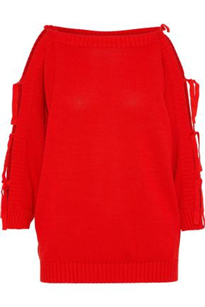 Shop Cotton By Autumn Cashmere Woman Cutout Knotted Ribbed Cotton Sweater Red