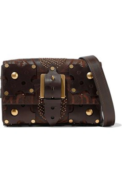 Shop Valentino Embellished Canvas And Leather Shoulder Bag In Brown